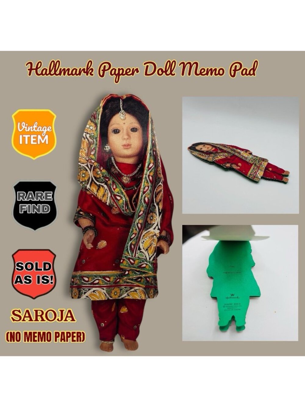 Vintage Hallmark Saroja Traditional India Fashion Paper Doll Memo. RARE! READ!